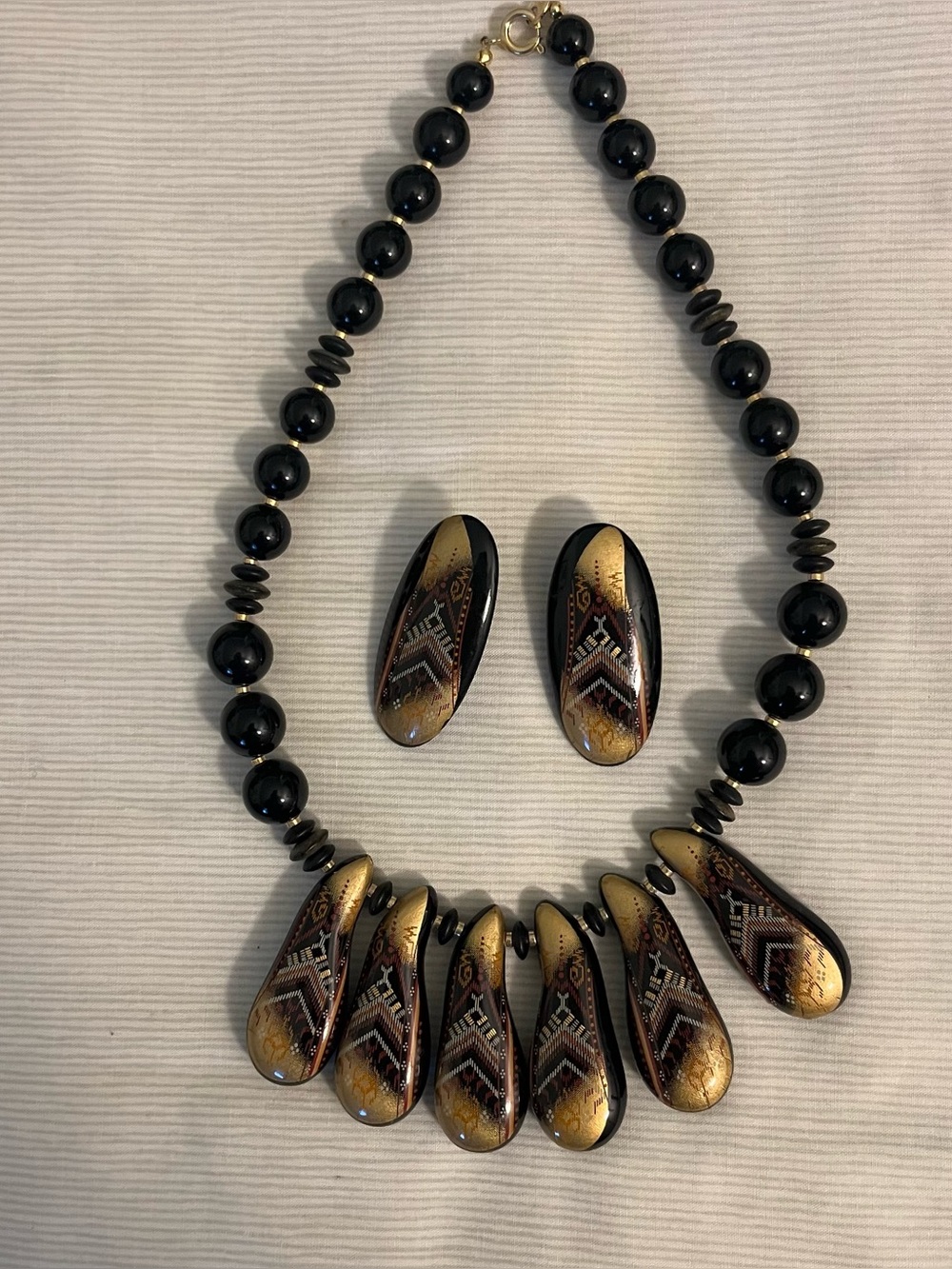 Vintage Black and Gold Teardrop Statement Necklace & Earrings Set.